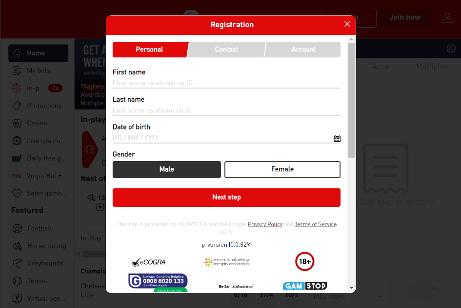 how to register on virgin bet personal details