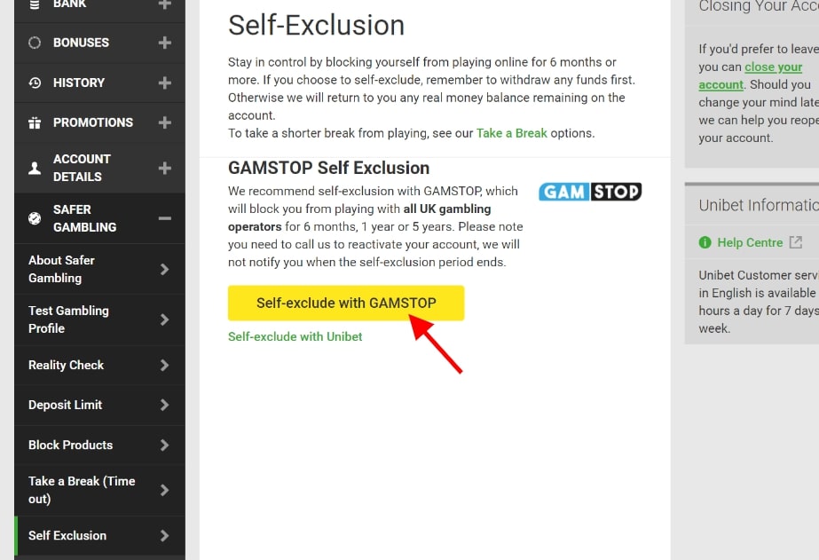 How To Close, Self Exclude Or Place Limits On Unibet -