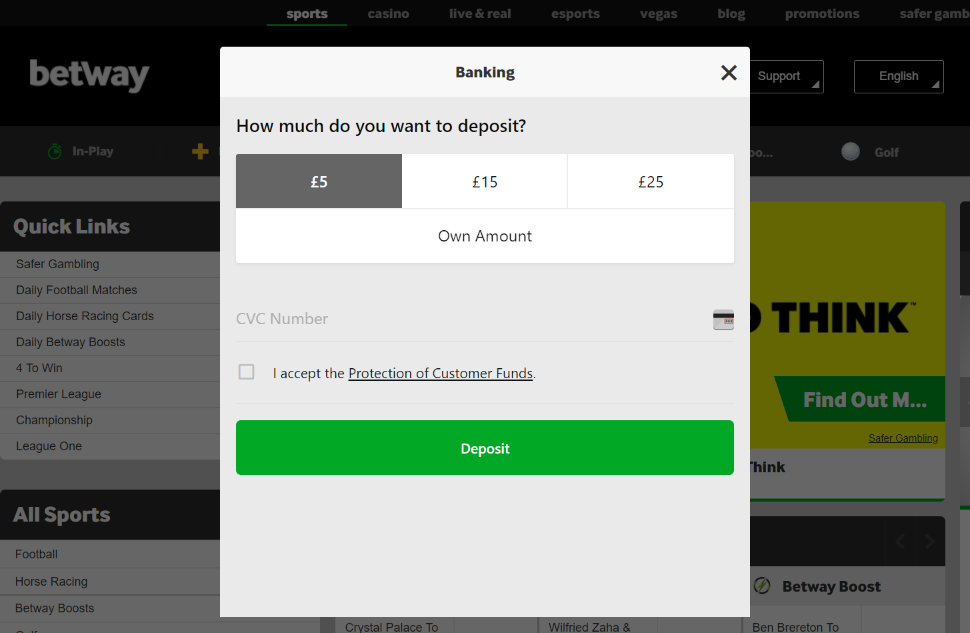select deposit amount on betway