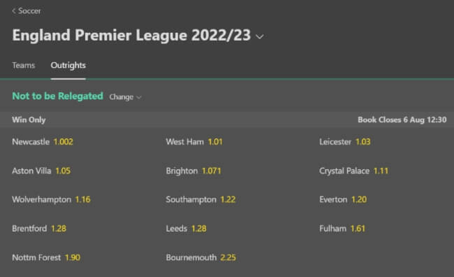 Bet365 Not To Be Relegated Odds England Premier League