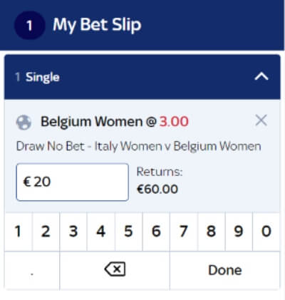 Draw No Bet Betting Market Explained - My Bet Slip Italy Women v Belgium Women