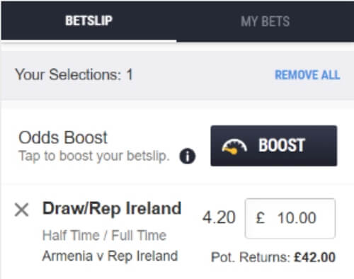 Half Time Full Time Betting Market - Armenia v Rep Ireland