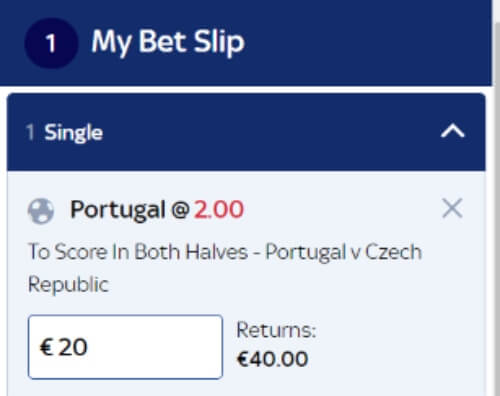 To Score In Both Halves Bet Slip - Portugal V Czech Republic