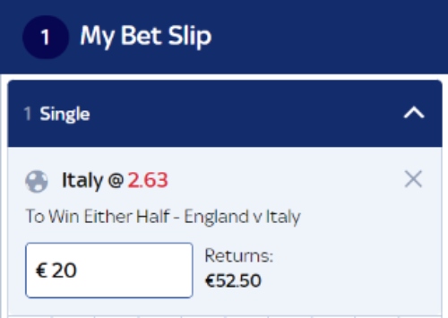 To Win Either Half Betting Market - England V Italy