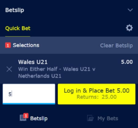 To Win Either Half Betting Market - Wales U21 v Netherlands U21