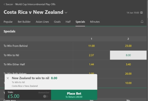To Win To Nil Betting Market - Costa Rica v New Zealand