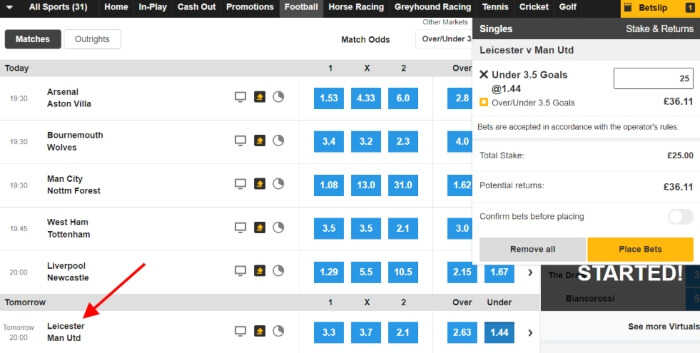 Betfair - Leicester City vs Manchester United at 1.44