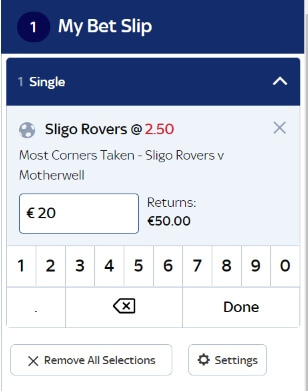Corner Match Bet Betting Market Explained - Most Covers Taken Sligo Rovers v Motherwell