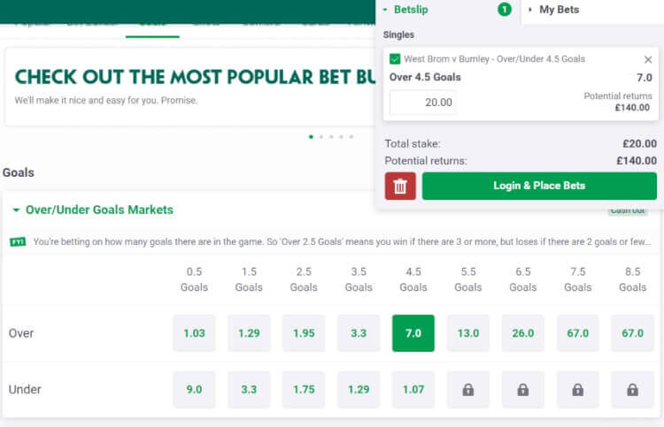 Over 4.5 Goals Betting Market Explained - Paddy Power West Brom vs Burnley at 7.00